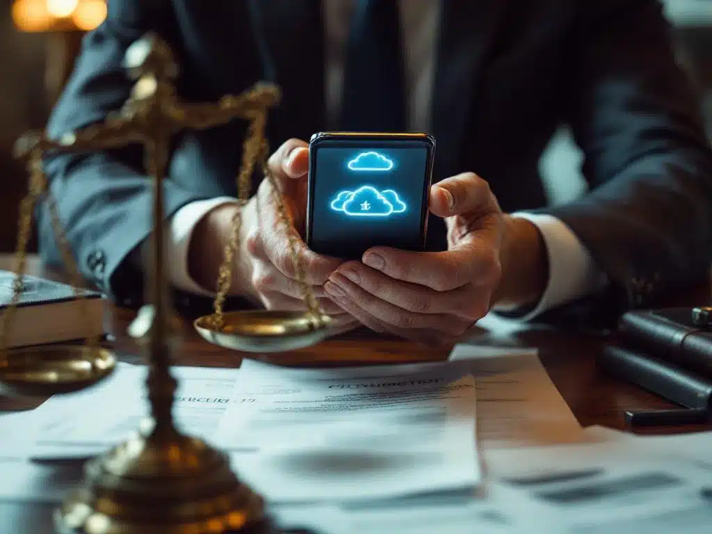 Zakenman met smartphone toont cloud-connectiviteit boven juridische documenten, weegschaal van justitie op voorgrond
