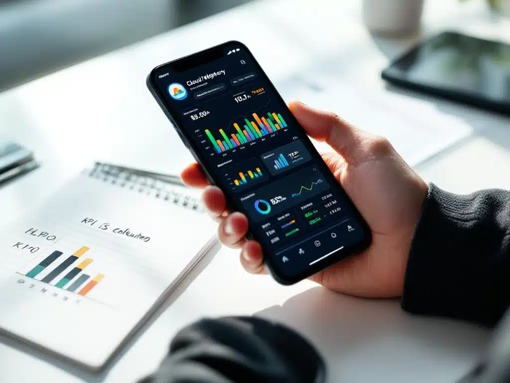Zakenhand houdt smartphone met cloud telefonie dashboard en kleurrijke prestatiemetrieken op wit bureau met notitieblok