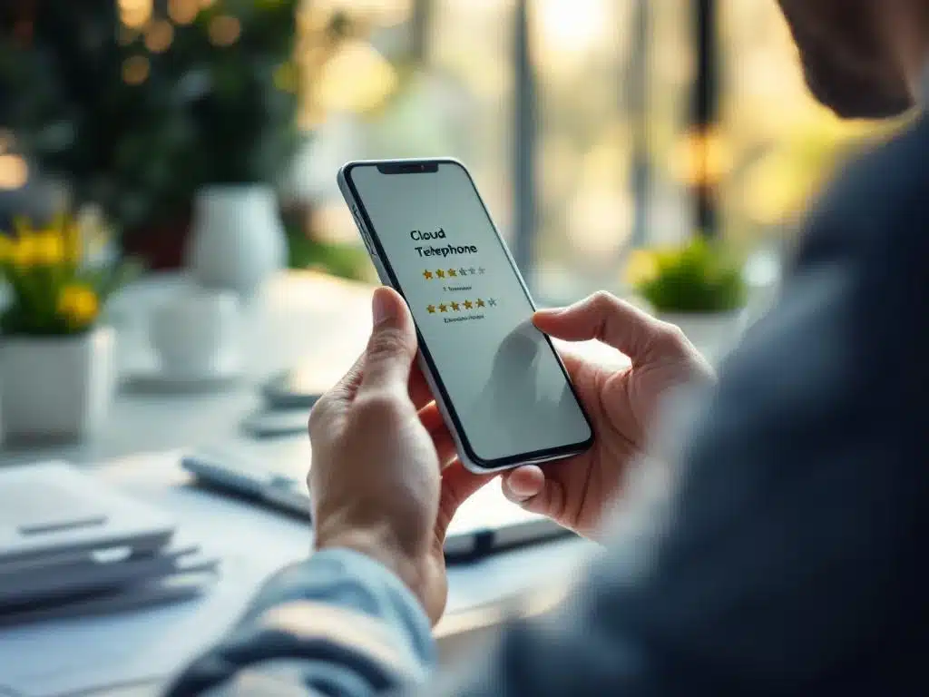 Zakenprofessional gebruikt smartphone met cloud telefonie-interface en vijfsterren beoordeling aan minimalistische werkplek