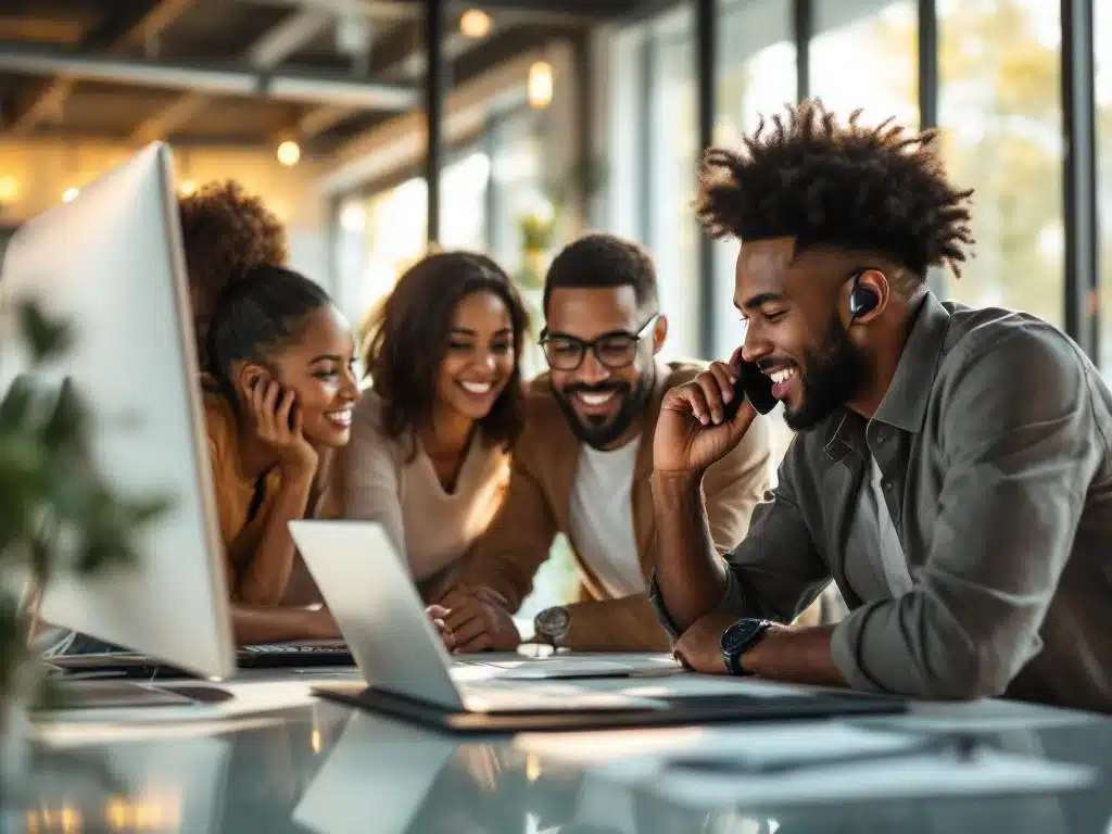 Diverse kantoormedewerkers verzameld rond bureau terwijl collega cloud telefonie demonstreert met draadloze headset