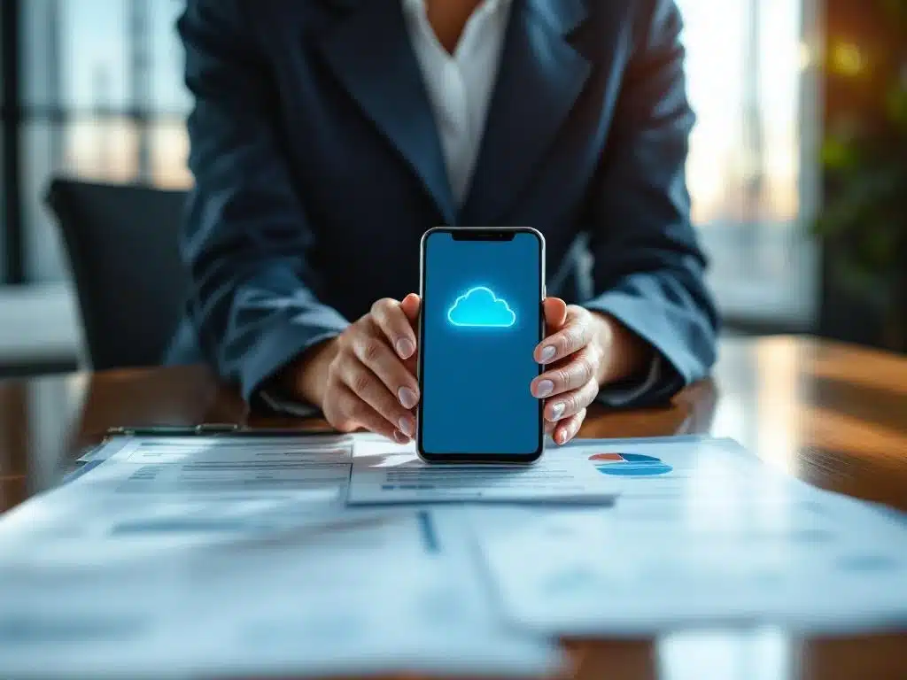 Zakenvrouw met smartphone toont cloud-interface, compliance documenten op conferentietafel, telecommunicatietorens zichtbaar