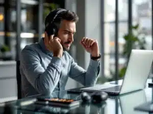Zakenman past draadloze koptelefoon aan achter glazen bureau met laptop en smartphone die audiogolven tonen