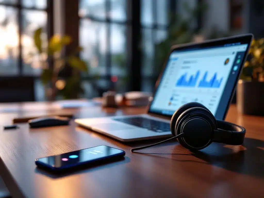 Professionele headset op modern bureau naast laptop met cloud dashboard en smartphone met inkomende oproep