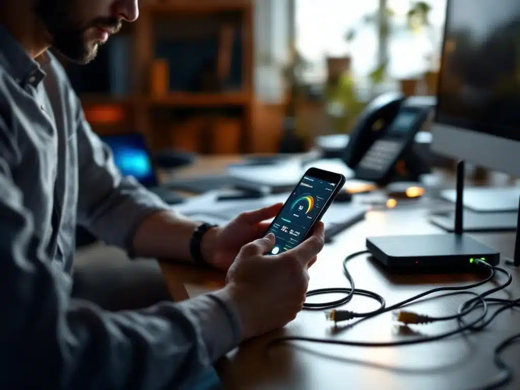 Netwerkengineer test internetsnelheid op smartphone aan bureau met router, ethernetkabels en aangesloten apparaten