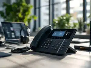 IP-telefoon met digitaal display op modern bureau naast laptop, headset en netwerkuitrusting in helder kantoor