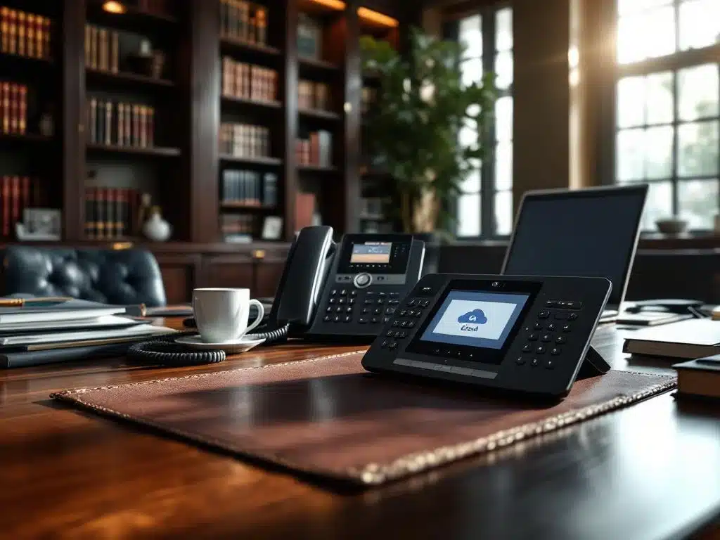 Moderne IP-telefoonsysteem op advocatenkantoor bureau met laptopscherm, juridische documenten en boekenkast