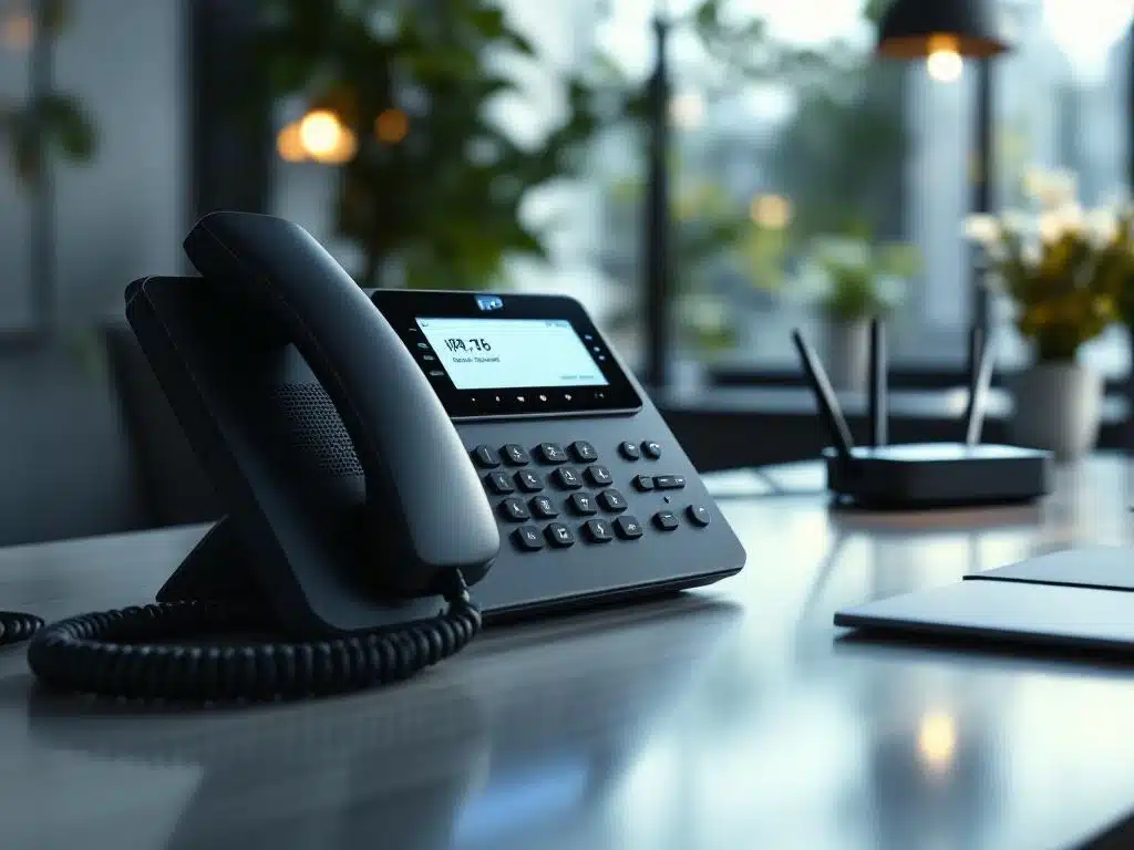 Moderne IP-telefoon met verlichte knoppen op kantoorbureau, ethernet kabels verbonden met cloud router