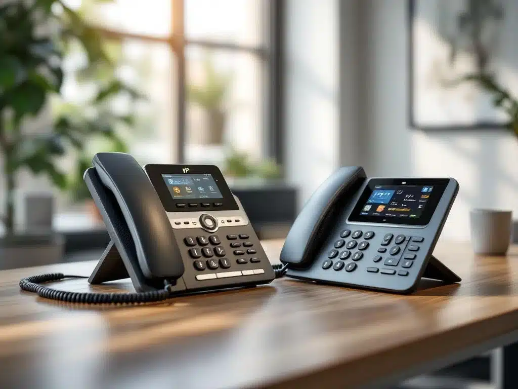 Twee professionele telefoons op modern kantoorbureau: traditionele bureautelefoon en draadloze IP-telefoon in werkruimte