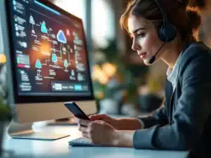 Professionele klantenservice medewerker met headset aan bureau, computer met cloud netwerk diagrammen, smartphone in hand