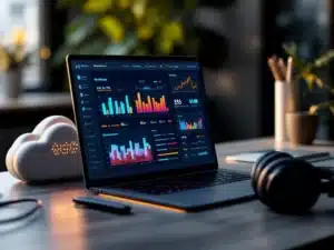 Laptop met kleurrijke dashboard grafieken op scherm naast draadloze router en headset op modern kantoorbureau