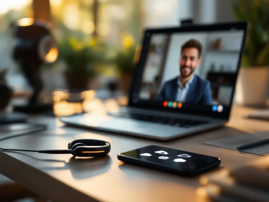 Draadloze headset en laptop met videoconferentie op modern bureau, smartphone toont cloud-iconen in thuiskantoor