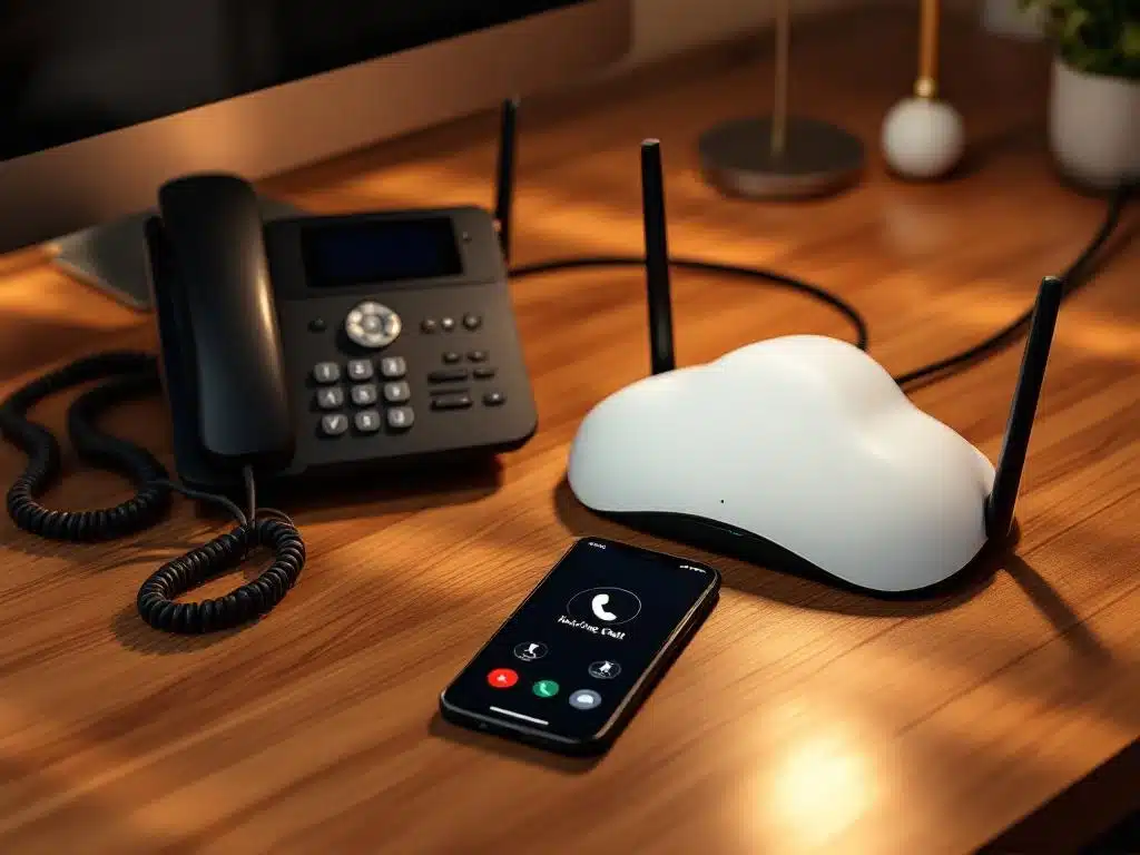 Moderne zakelijke werkplek met cloud-router, zwarte bureautelefoon en smartphone op gepolijst houten bureau