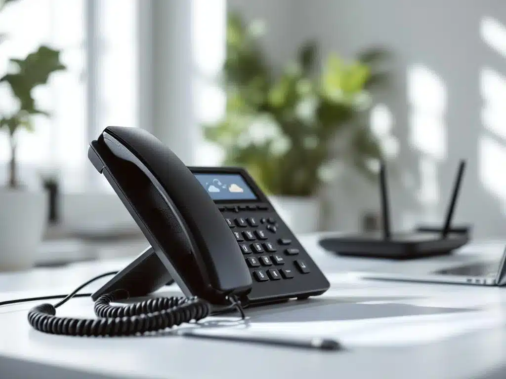 Moderne kantoorwerkplek met zwarte bureautelefoon naast laptop met cloud-iconen, router op achtergrond