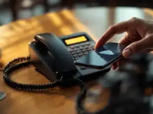 Zakelijke hand pakt moderne smartphone met cloud interface op van houten bureau naast ouderwetse bureautelefoon
