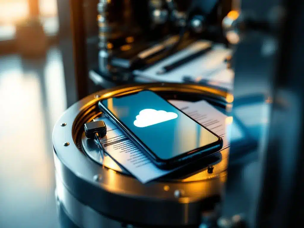 Smartphone met cloud-interface in open kluis met documenten en kabels, gouden verlichting benadrukt beveiliging