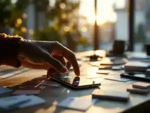 Smartphone met cloud-interface op bureau met telecom visitekaartjes, ondernemer reikt ernaar in kantoor met zonlicht