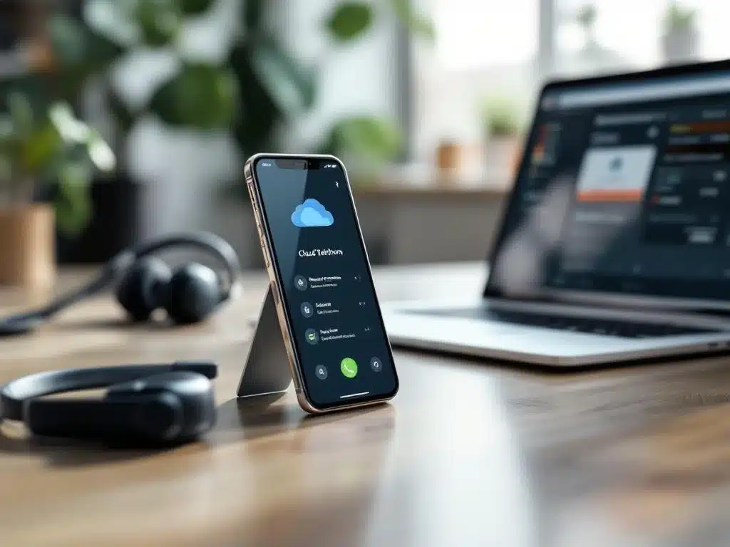 Smartphone met cloud telefonie-interface op bureau naast laptop met e-commerce dashboard en draadloze headset