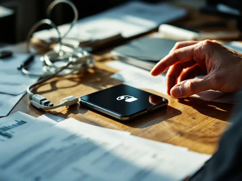 Smartphone met cloud telefoon interface op houten bureau met losgekoppelde ethernet kabels en gefrustreerde handen