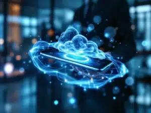 Moderne smartphone zweeft in de lucht omringd door holografische wolken en blauwe digitale datastromen in kantooromgeving