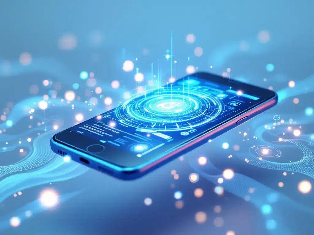 Moderne smartphone zwevend in de lucht met holografische communicatiegolven en futuristische blauwe interface-indicatoren
