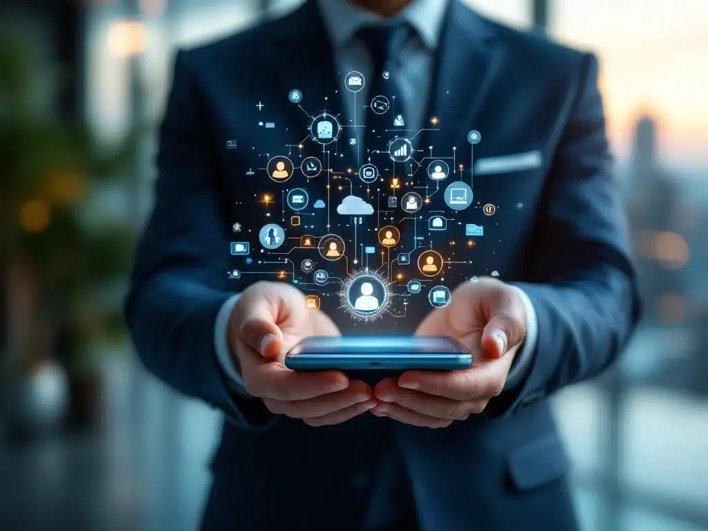 Zakenman in pak houdt smartphone boven handpalm met holografische cloud-iconen in modern kantoor met stadsgezicht