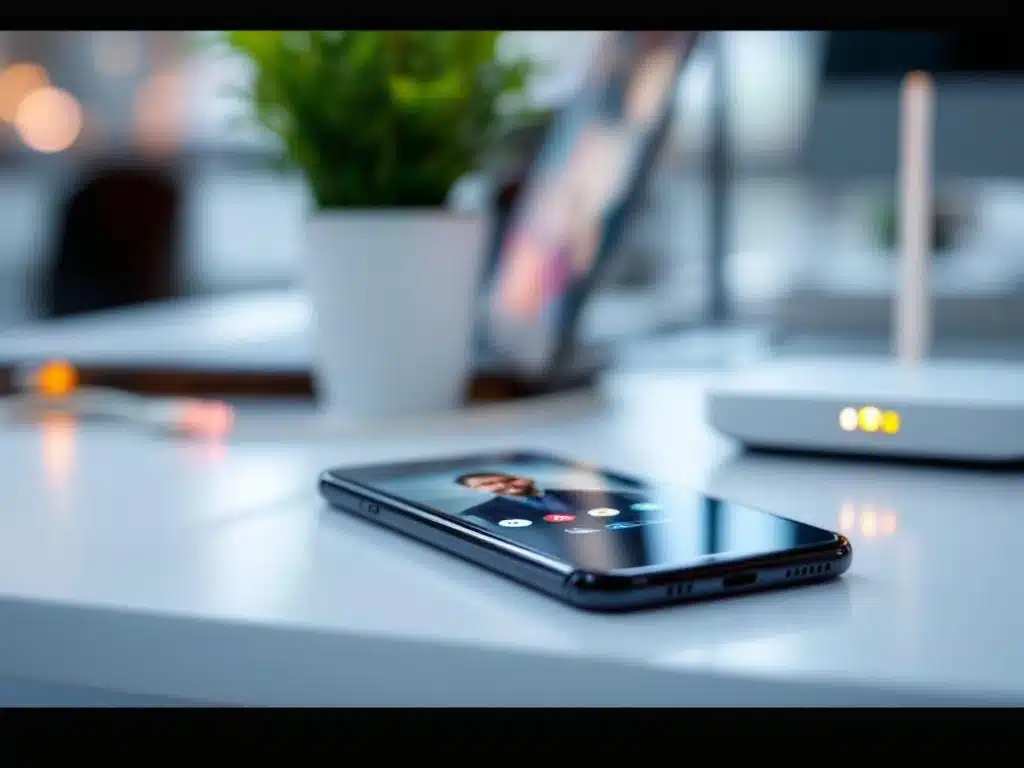 Moderne smartphone met videogesprek op wit bureau naast glasvezelkabel, router op achtergrond, kantooromgeving