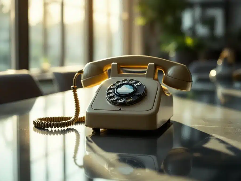 Moderne smartphone met cloud-interface op vintage draaitelefoon op glazen vergadertafel in kantoor met natuurlijk licht