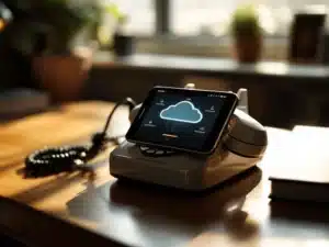 Moderne smartphone met cloud-interface op vintage draaitelefoon op houten bureau in kantoor met natuurlijk licht