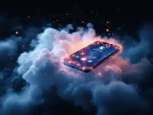 Smartphone met inkomend gesprek zweeft in dampwolk met verlichte datastromen en dramatische belichting