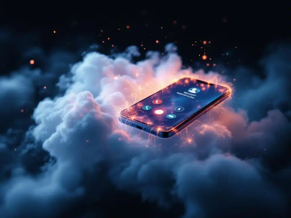 Smartphone met inkomend gesprek zweeft in dampwolk met verlichte datastromen en dramatische belichting