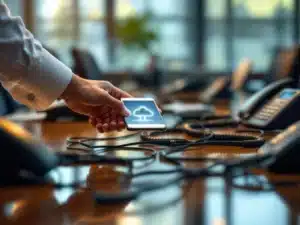 Zakenhand plaatst moderne smartphone met cloud-iconen op vergadertafel tussen oude vaste telefoons en kabels