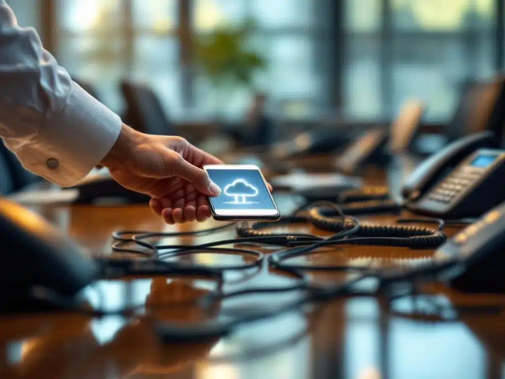 Zakenhand plaatst moderne smartphone met cloud-iconen op vergadertafel tussen oude vaste telefoons en kabels