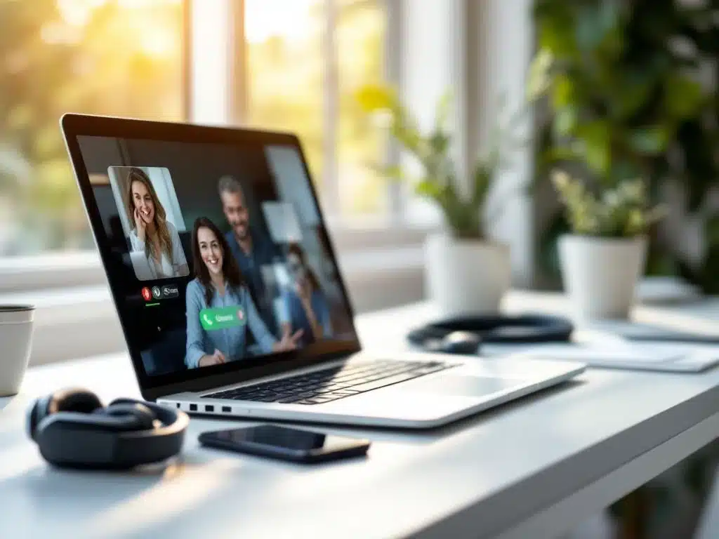 Moderne thuiswerkplek met laptop videoconferentie, draadloze headset en smartphone op wit bureau bij raam