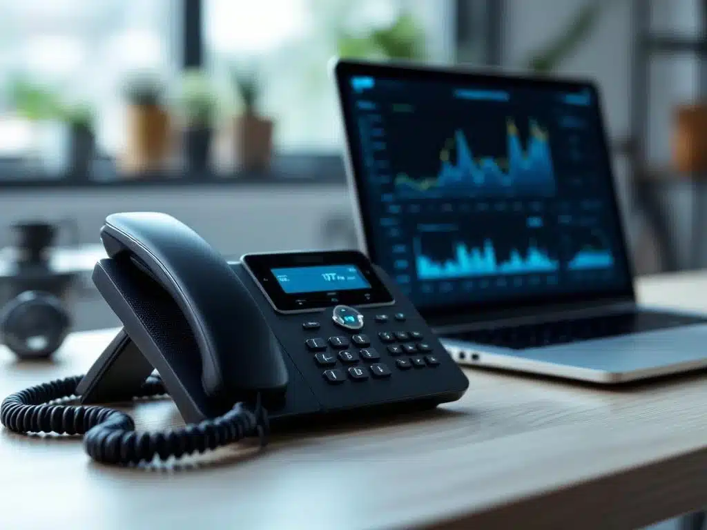 VoIP-telefoon met meerdere lijnknoppen op modern bureau naast laptop met netwerkanalyses, ethernet kabels georganiseerd