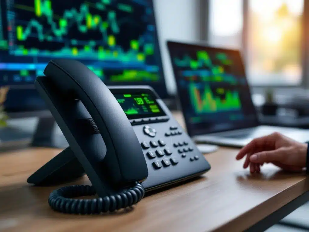 Moderne kantoordesk met VoIP-telefoon, laptop met netwerkgrafieken, en zakenman die telefoonhoorn vastpakt