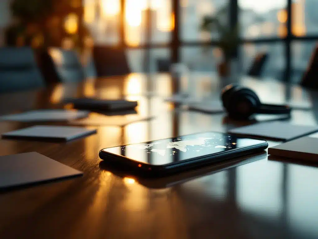 Smartphone met wereldkaart en verbindingspunten op conferentietafel omringd door internationale visitekaartjes