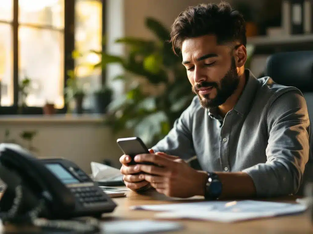 Ondernemer met smartphone toont cloudcommunicatie-interface aan moderne bureau, oude telefoon op achtergrond