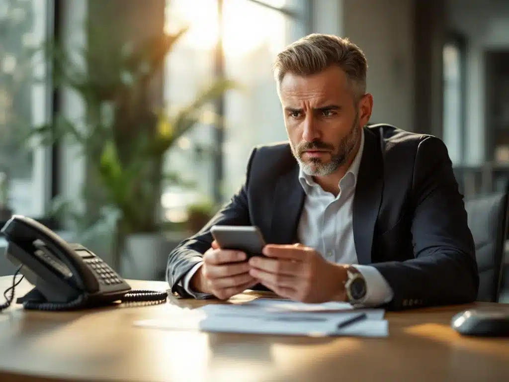 Zakenprofessional overweegt cloud telefoon op modern kantoor, traditionele telefoon op achtergrond