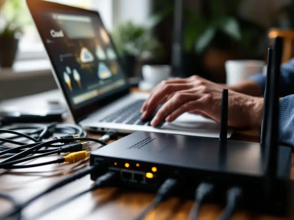 Zakenprofessional typt op laptop met router en netwerkkabels op houten bureau in modern kantoor
