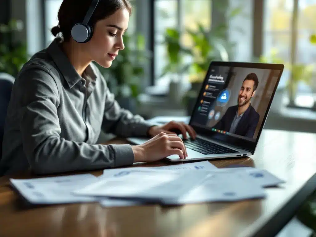 Professionele zakenvrouw met headset aan moderne bureau met laptop, trainingscertificaten en technische handleidingen