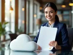 Professionele zakenvrouw in marineblauw pak met certificeringsdocumenten en cloud telefoonsysteem op glazen bureau