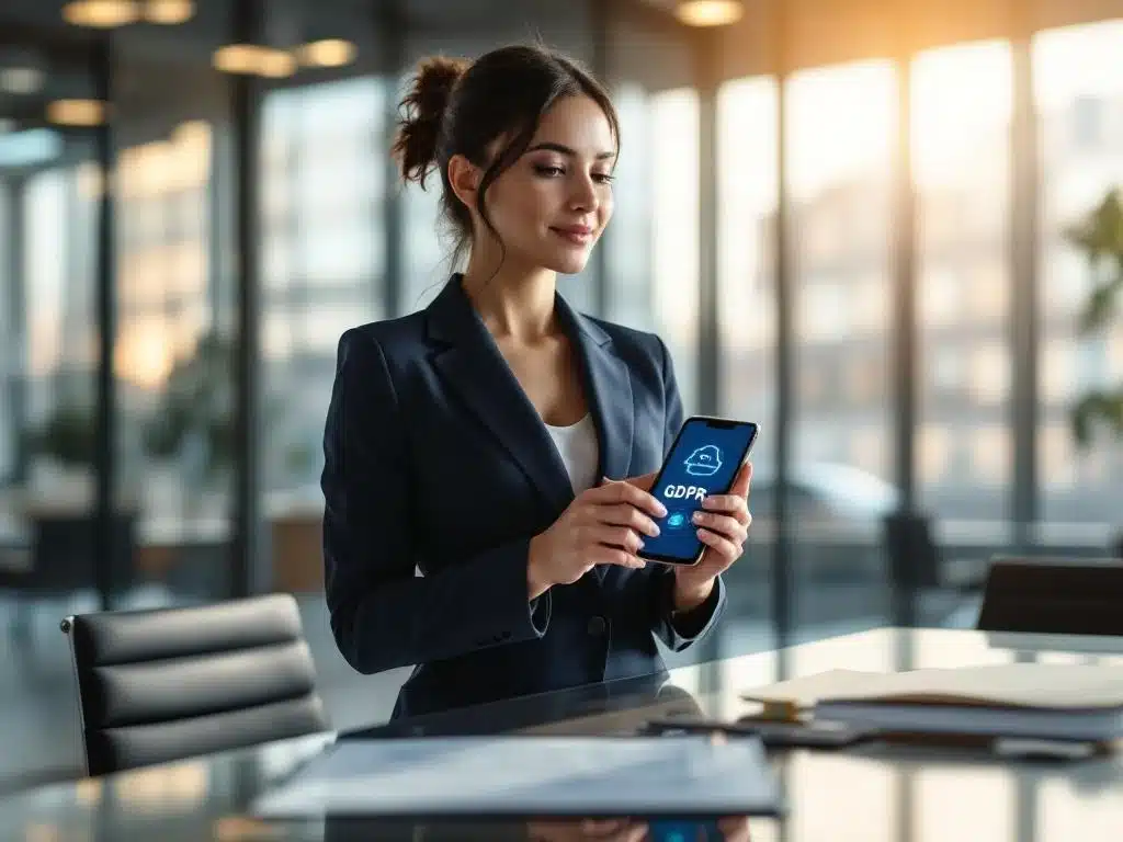 Zakenvrouw met smartphone met cloud telefonie-interface in modern kantoor naast GDPR-documenten op tafel