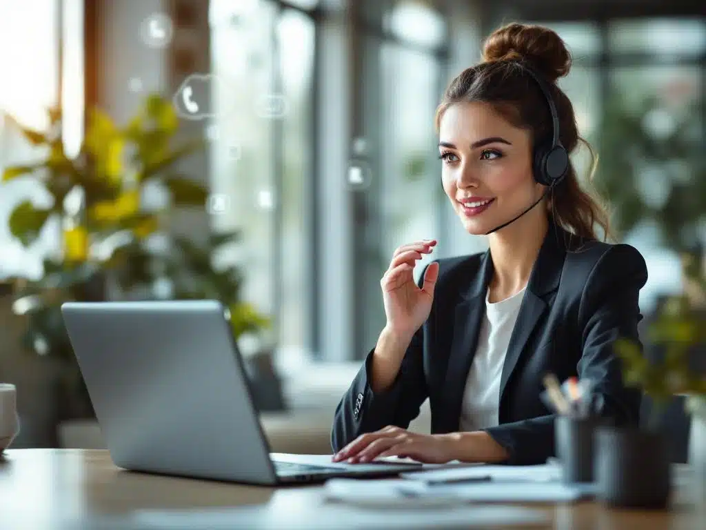Professionele vrouw met headset tijdens videogesprek op laptop in modern kantoor met natuurlijk daglicht