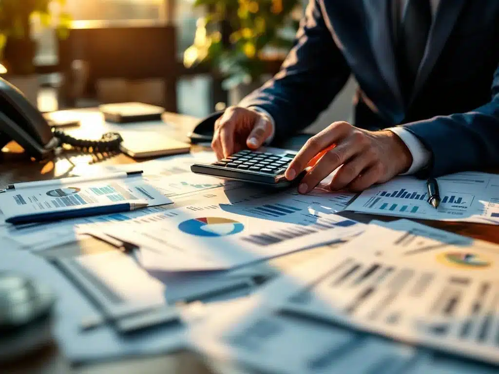 Zakenman in marineblauw pak gebruikt financiële rekenmachine op bureau met facturen en spreadsheets in modern kantoor
