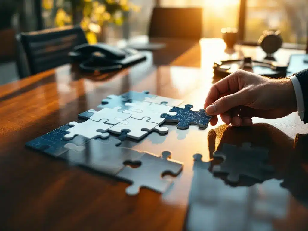 Zakenman plaatst laatste puzzelstuk van cloud netwerkdiagram op mahonie vergadertafel in modern kantoor