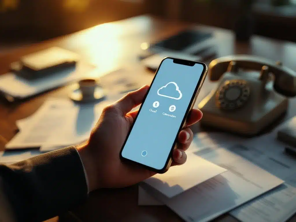 Zakenman houdt smartphone met cloud communicatie-app boven traditionele telefoonrekeningen op bureau