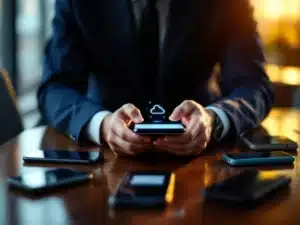 Zakenman in marineblauw pak bekijkt smartphone met cloud-iconen aan mahonie conferentietafel met andere telefoons