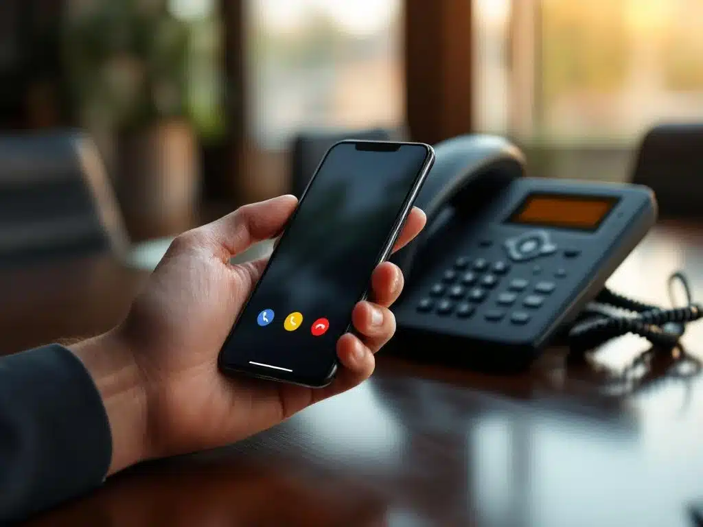 Zakenman houdt smartphone met cloud telefonie-interface boven traditionele bureautelefoon op vergadertafel