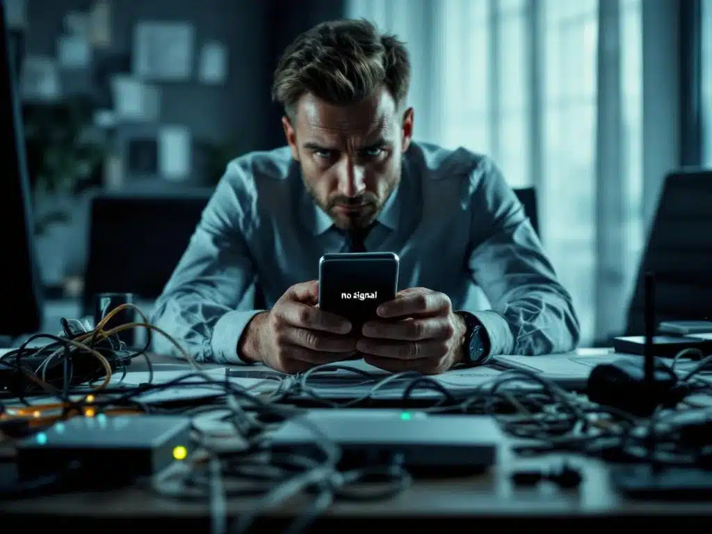 Gefrustreerde zakenman houdt smartphone met 'geen signaal' icoon, losse netwerkkabels op kantoorbureau
