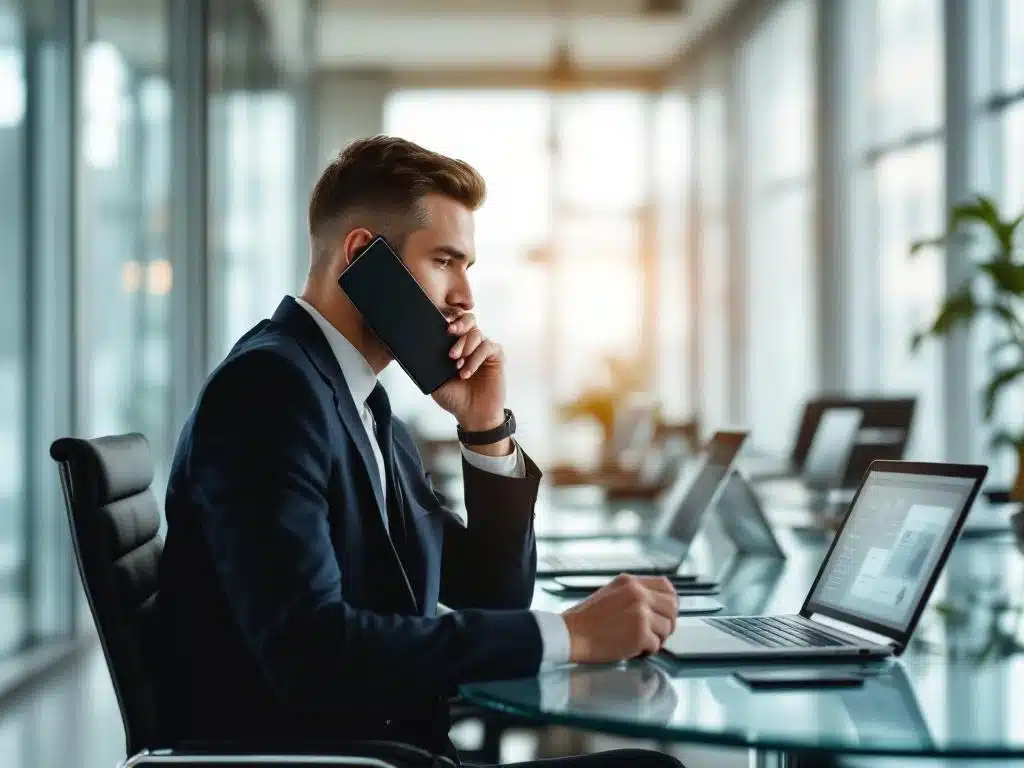 Zakenman in pak voert telefoongesprek aan glazen vergadertafel met laptops en tablets in modern kantoor
